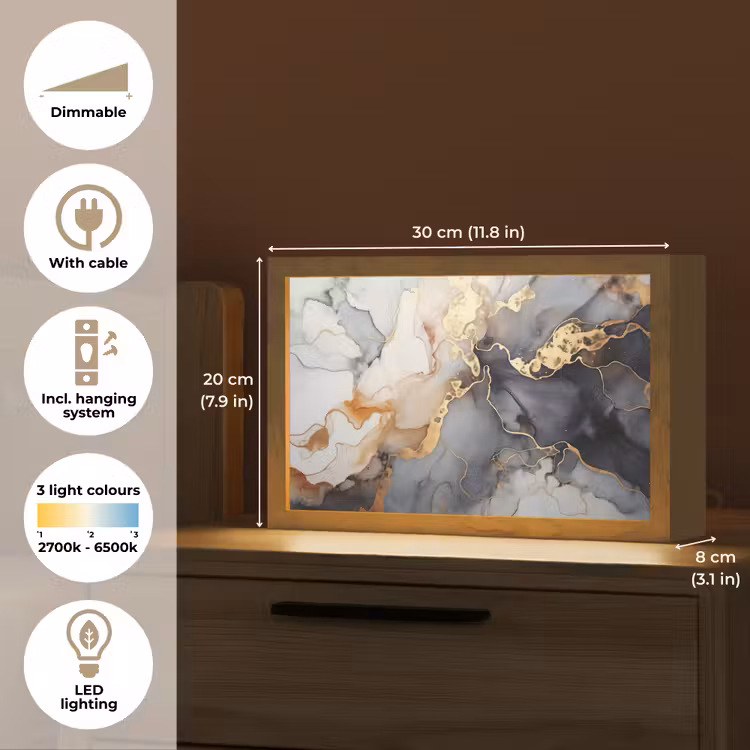 Marmer - Zwart - Goud - Wit Light Box met kabel (Tafellamp) klein -USP_EN