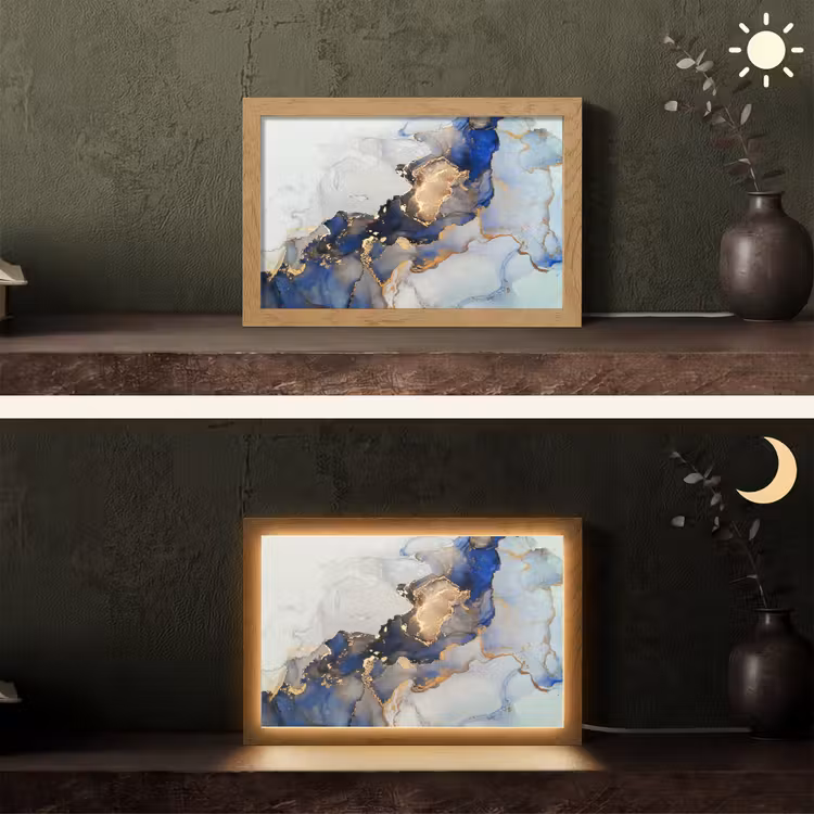 Marmer - Blauw - Goud Light Box met kabel (Tafellamp) klein -sfeer3