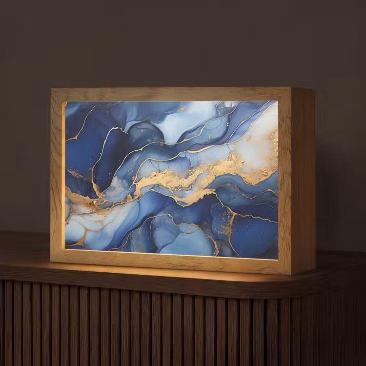 Marmer - Blauw - Goud - Abstract Light Box met kabel (Tafellamp) klein -z3d_website