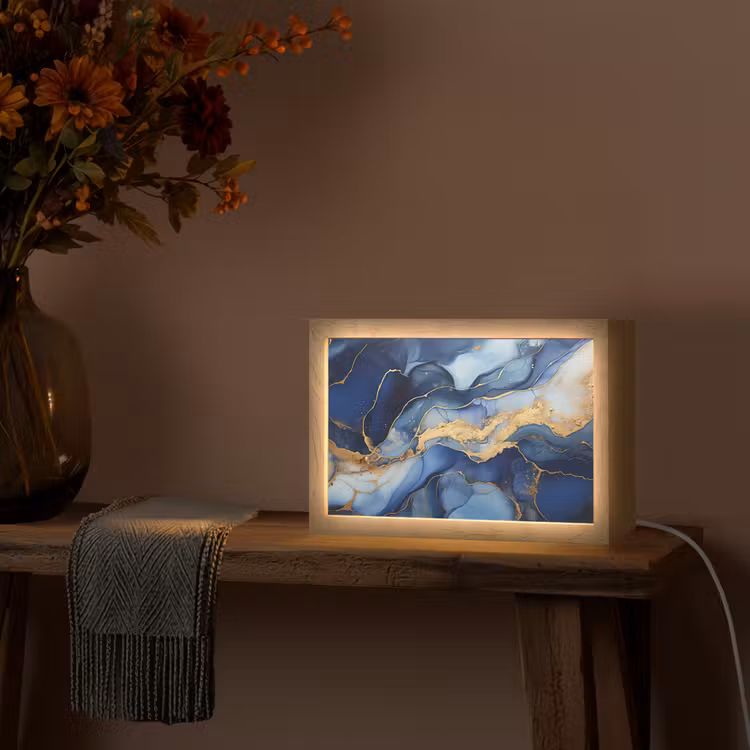 Marmer - Blauw - Goud - Abstract Light Box met kabel (Tafellamp) klein -sfeer4