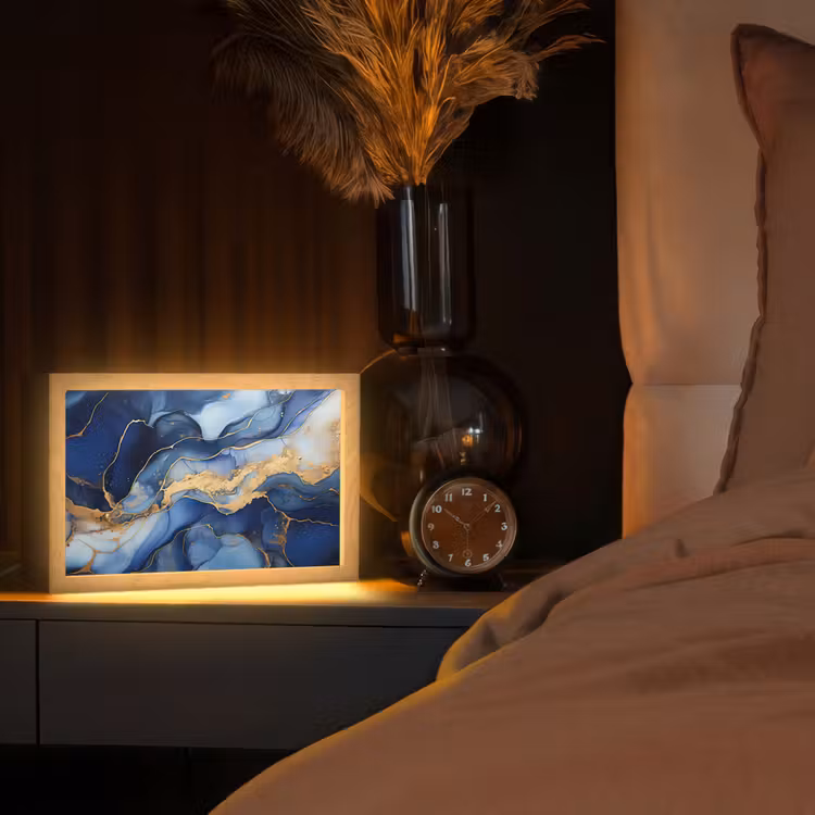 Marmer - Blauw - Goud - Abstract Light Box met kabel (Tafellamp) klein -sfeer1