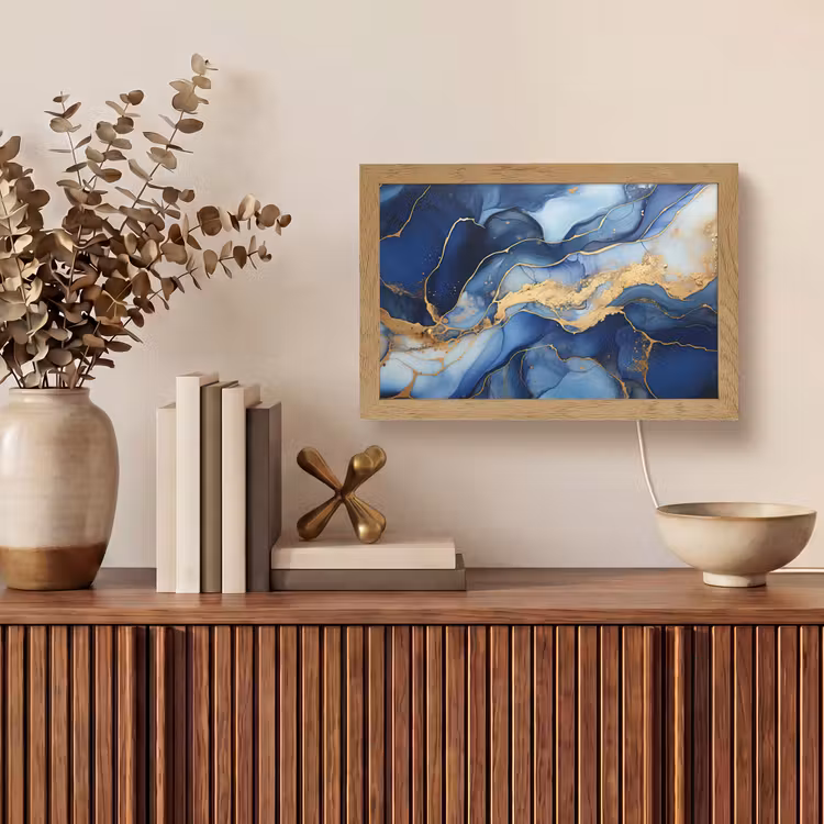 Marmer - Blauw - Goud - Abstract Light Box met kabel (Tafellamp) klein -sfeer2