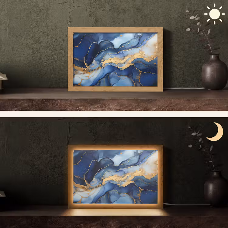 Marmer - Blauw - Goud - Abstract Light Box met kabel (Tafellamp) klein -sfeer3
