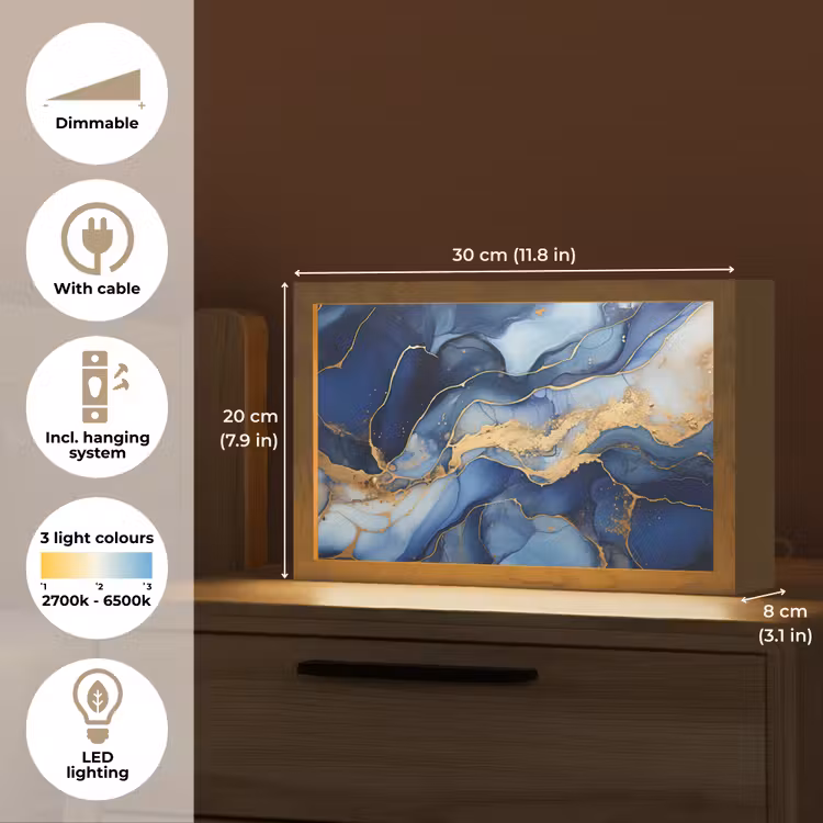 Marmer - Blauw - Goud - Abstract Light Box met kabel (Tafellamp) klein -USP_EN