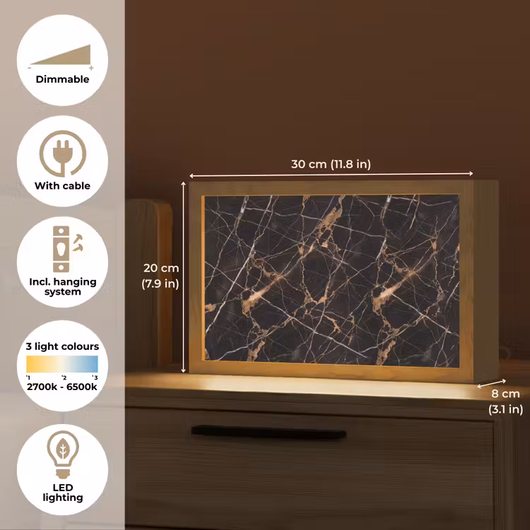 Marmer - Goud - Abstract - Zwart Light Box met kabel (Tafellamp) klein -USP_EN