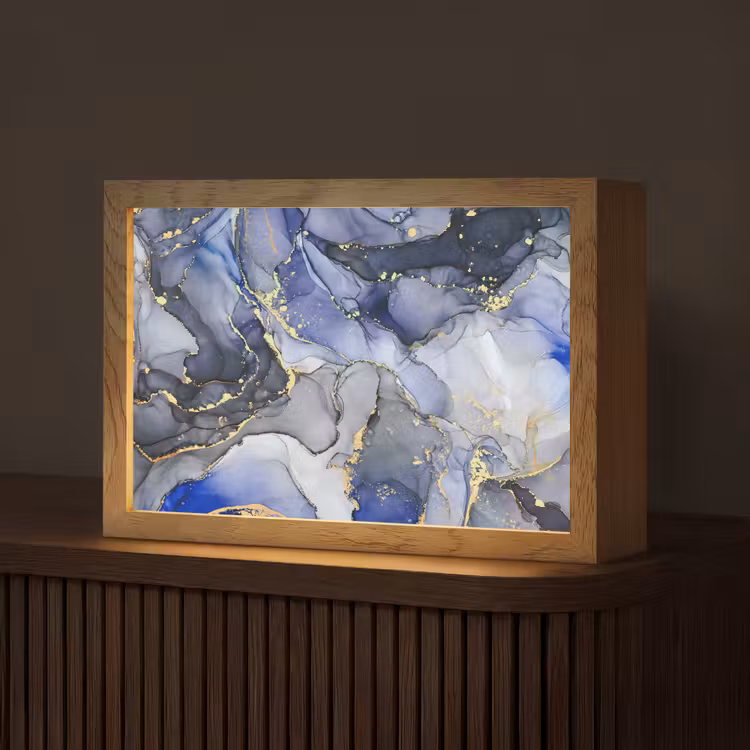 Marmer - Goud - Abstract - Blauw Light Box met kabel (Tafellamp) klein -z3d_website