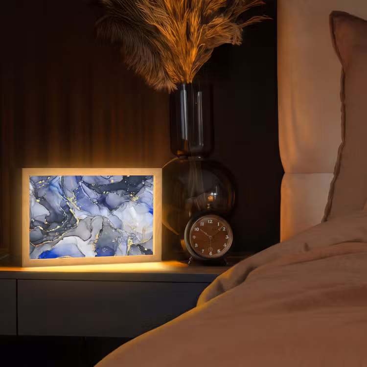 Marmer - Goud - Abstract - Blauw Light Box met kabel (Tafellamp) klein -sfeer1