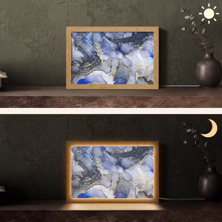 Marmer - Goud - Abstract - Blauw Light Box met kabel (Tafellamp) klein -sfeer3