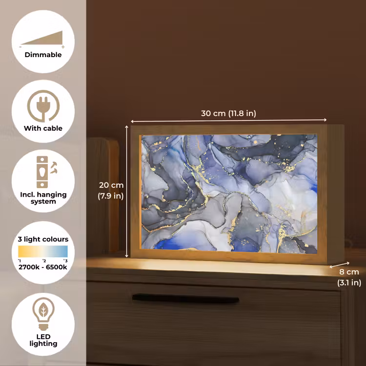 Marmer - Goud - Abstract - Blauw Light Box met kabel (Tafellamp) klein -USP_EN