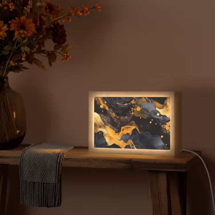 Marmer - Goud - Zwart - Abstract - Modern Light Box met kabel (Tafellamp) klein -sfeer4