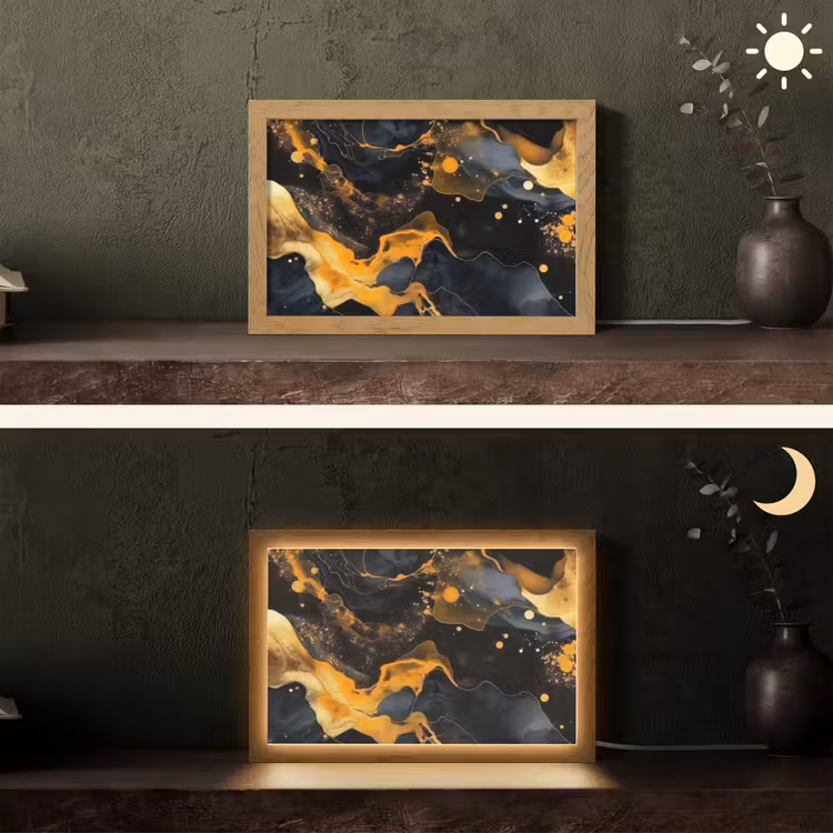 Marmer - Goud - Zwart - Abstract - Modern Light Box met kabel (Tafellamp) klein -sfeer3