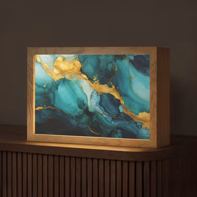 Marmer - Goud - Blauw groen - Abstract - Turquoise Light Box met kabel (Tafellamp) klein -z3d_website