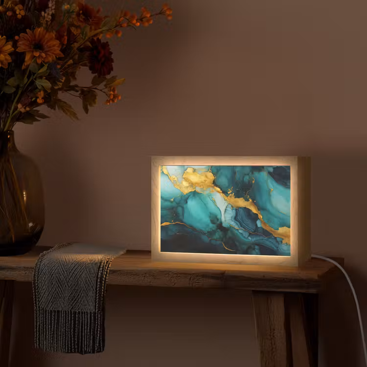 Marmer - Goud - Blauw groen - Abstract - Turquoise Light Box met kabel (Tafellamp) klein -sfeer4