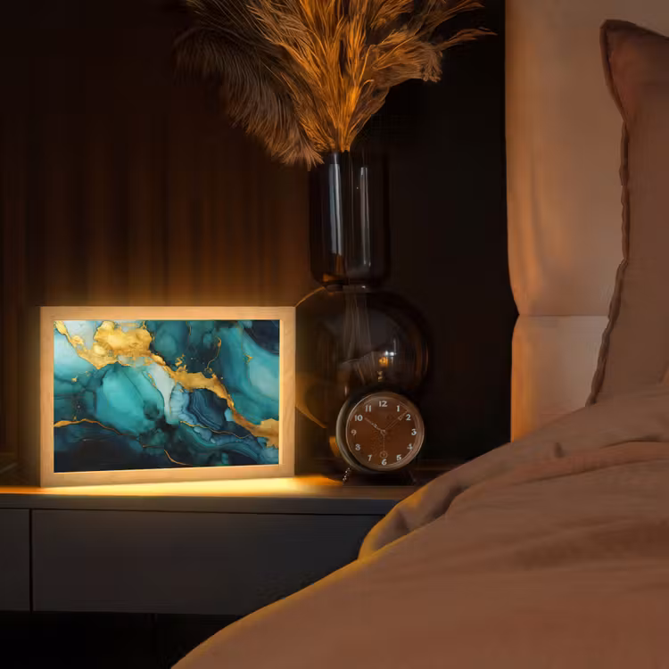 Marmer - Goud - Blauw groen - Abstract - Turquoise Light Box met kabel (Tafellamp) klein -sfeer1