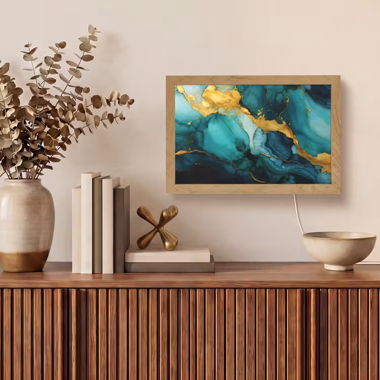 Marmer - Goud - Blauw groen - Abstract - Turquoise Light Box met kabel (Tafellamp) klein -sfeer2