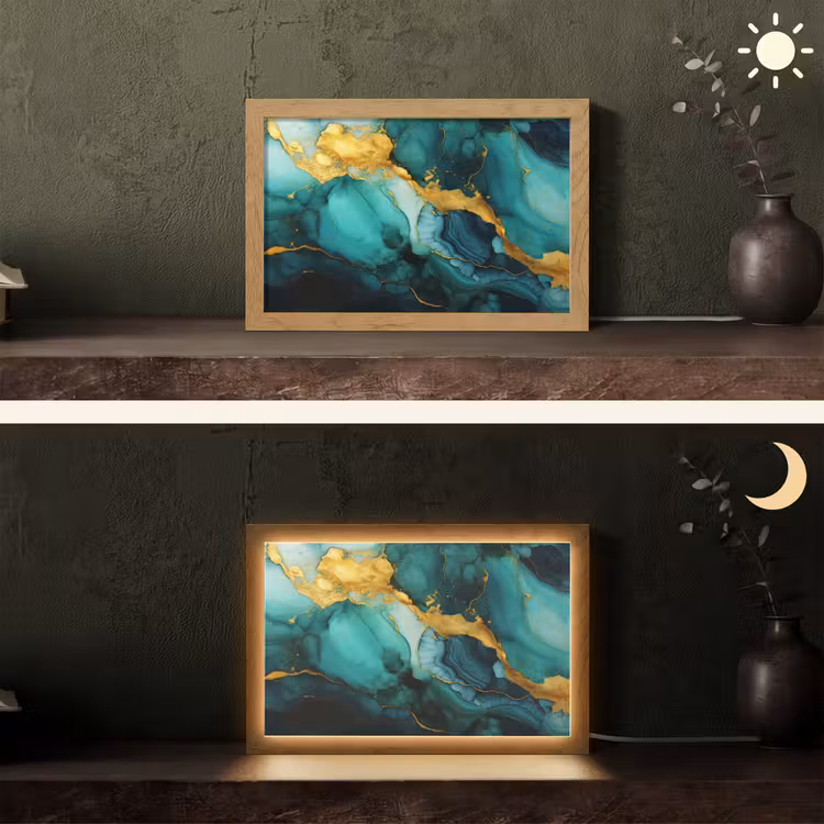Marmer - Goud - Blauw groen - Abstract - Turquoise Light Box met kabel (Tafellamp) klein -sfeer3