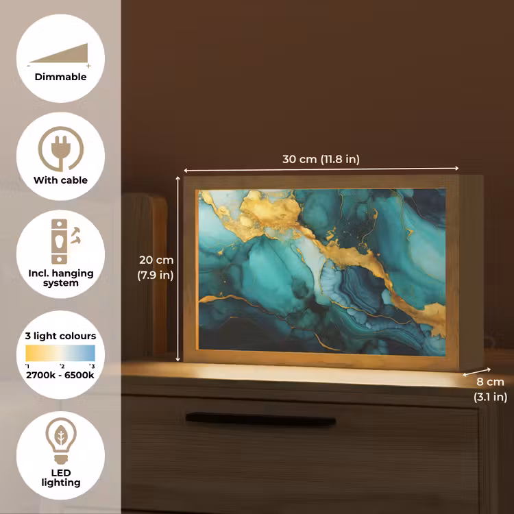 Marmer - Goud - Blauw groen - Abstract - Turquoise Light Box met kabel (Tafellamp) klein -USP_EN