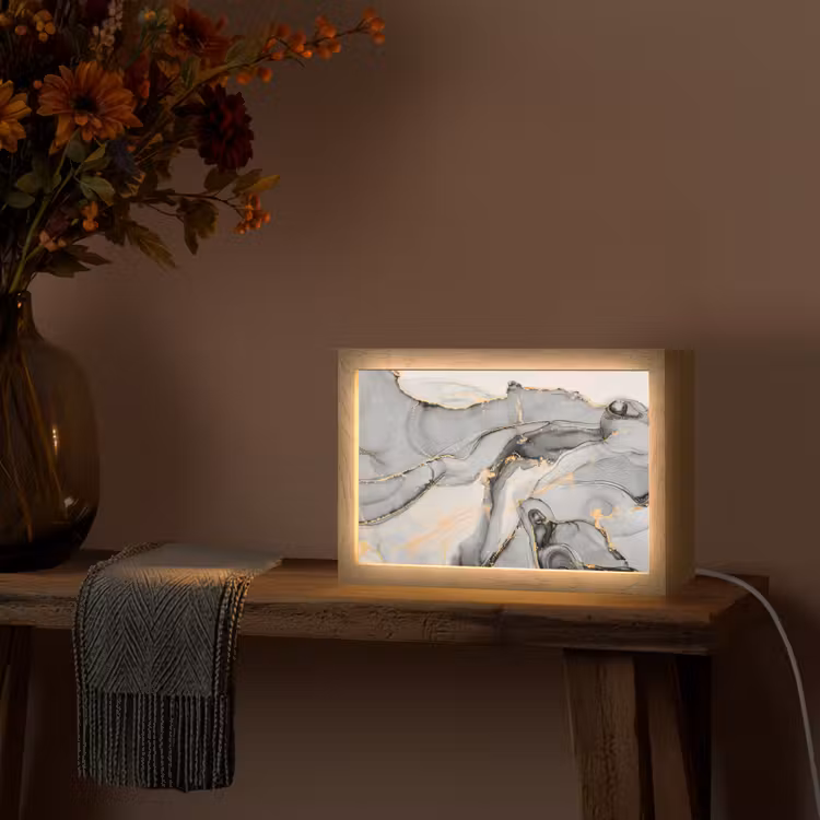 Marmer - Goud - Grijs Light Box met kabel (Tafellamp) klein -sfeer4