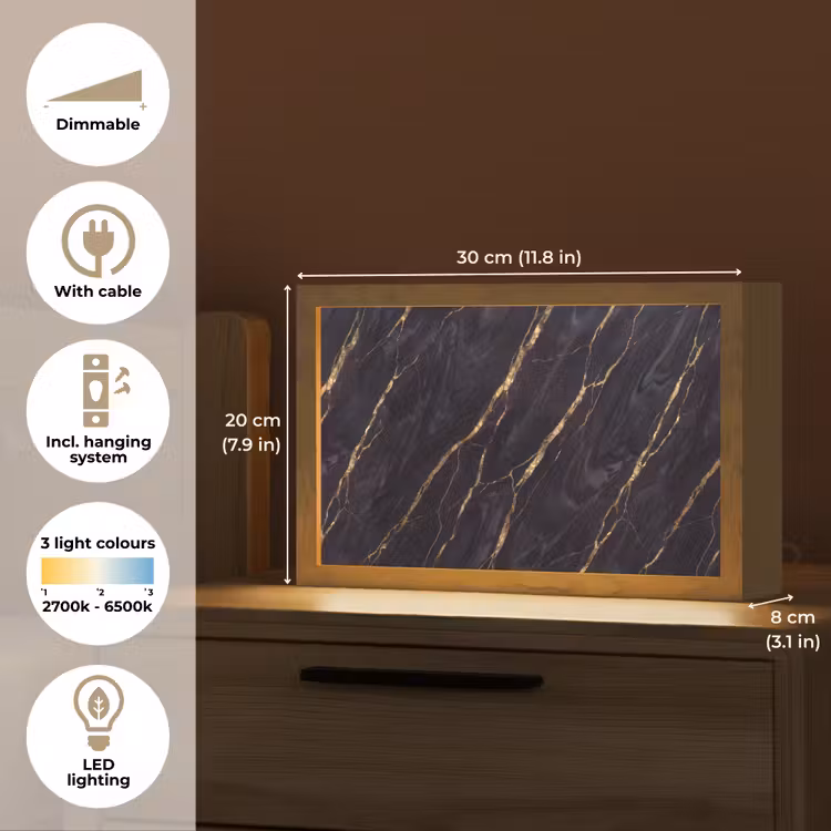 Marmer - Gouden aders - Abstract - Zwart Light Box met kabel (Tafellamp) klein -USP_EN