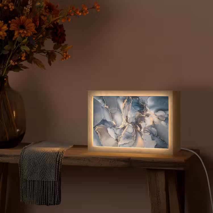 Marmer - Grijs - Blauw - Luxe - Goud Light Box met kabel (Tafellamp) klein -sfeer4
