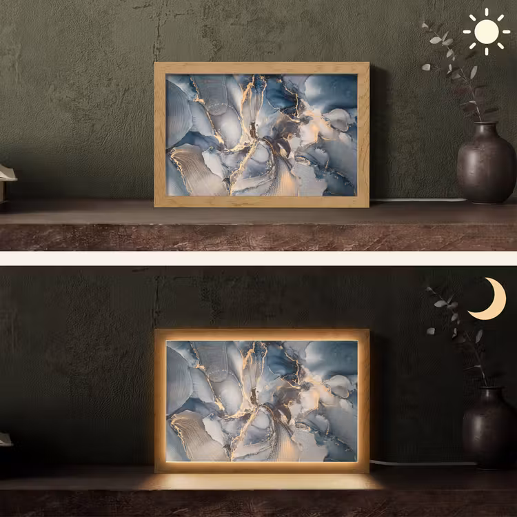 Marmer - Grijs - Blauw - Luxe - Goud Light Box met kabel (Tafellamp) klein -sfeer3