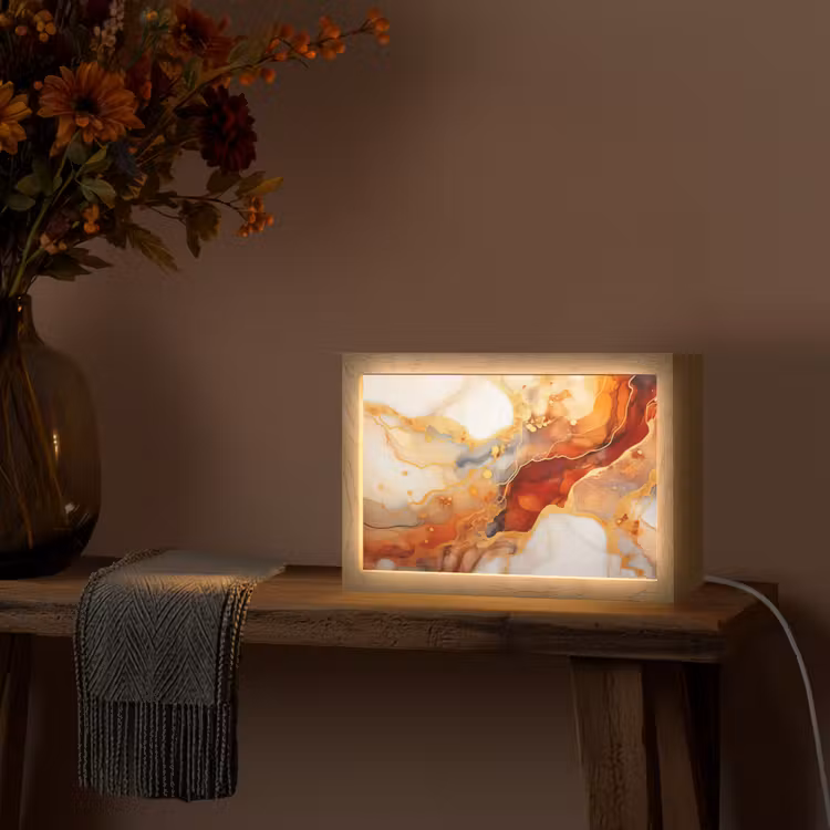 Marmer - Oranje - Goud - Modern - Abstract Light Box met kabel (Tafellamp) klein -sfeer4