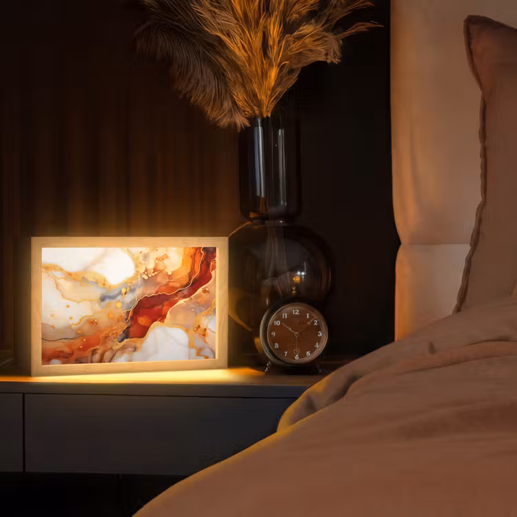 Marmer - Oranje - Goud - Modern - Abstract Light Box met kabel (Tafellamp) klein -sfeer1