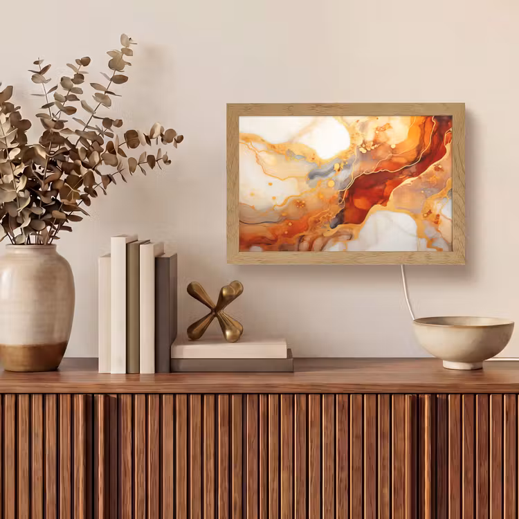 Marmer - Oranje - Goud - Modern - Abstract Light Box met kabel (Tafellamp) klein -sfeer2