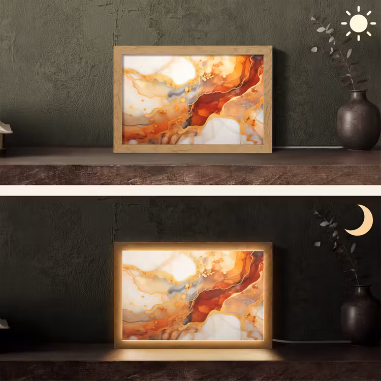 Marmer - Oranje - Goud - Modern - Abstract Light Box met kabel (Tafellamp) klein -sfeer3