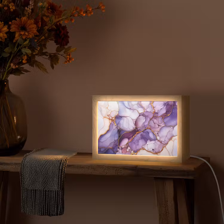 Marmer - Paars - Lila - Goud Light Box met kabel (Tafellamp) klein -sfeer4