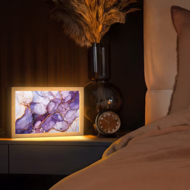 Marmer - Paars - Lila - Goud Light Box met kabel (Tafellamp) klein -sfeer1