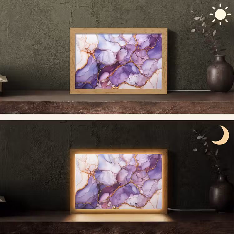 Marmer - Paars - Lila - Goud Light Box met kabel (Tafellamp) klein -sfeer3