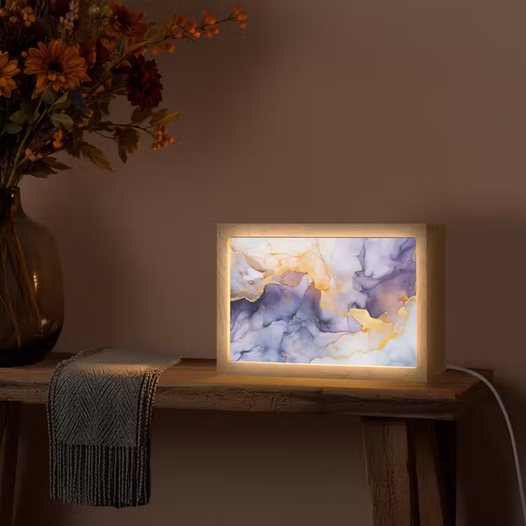 Marmer - Paars - Lila - Goud - Abstract Light Box met kabel (Tafellamp) klein -sfeer4