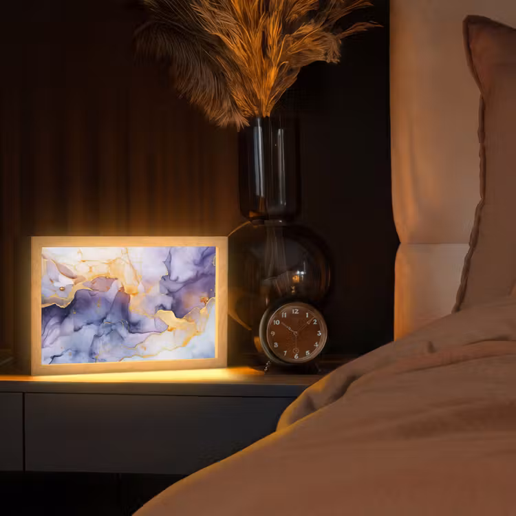 Marmer - Paars - Lila - Goud - Abstract Light Box met kabel (Tafellamp) klein -sfeer1