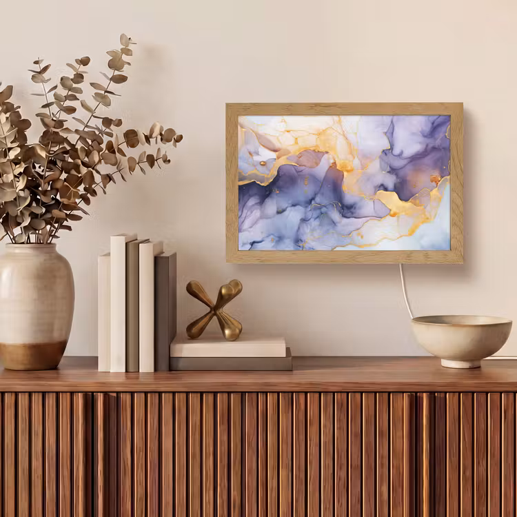 Marmer - Paars - Lila - Goud - Abstract Light Box met kabel (Tafellamp) klein -sfeer2