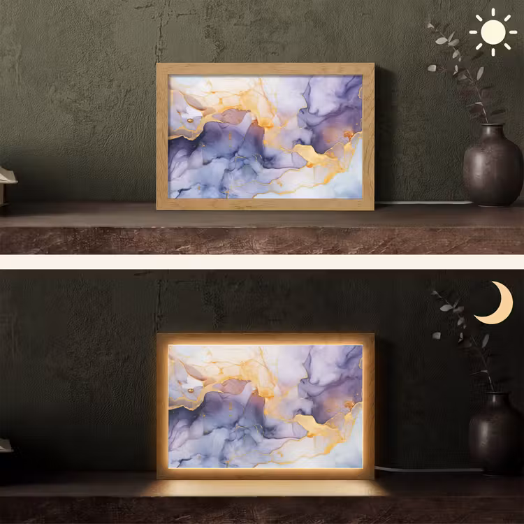 Marmer - Paars - Lila - Goud - Abstract Light Box met kabel (Tafellamp) klein -sfeer3