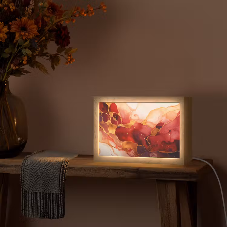 Marmer - Rood - Goud - Modern - Abstract Light Box met kabel (Tafellamp) klein -sfeer4