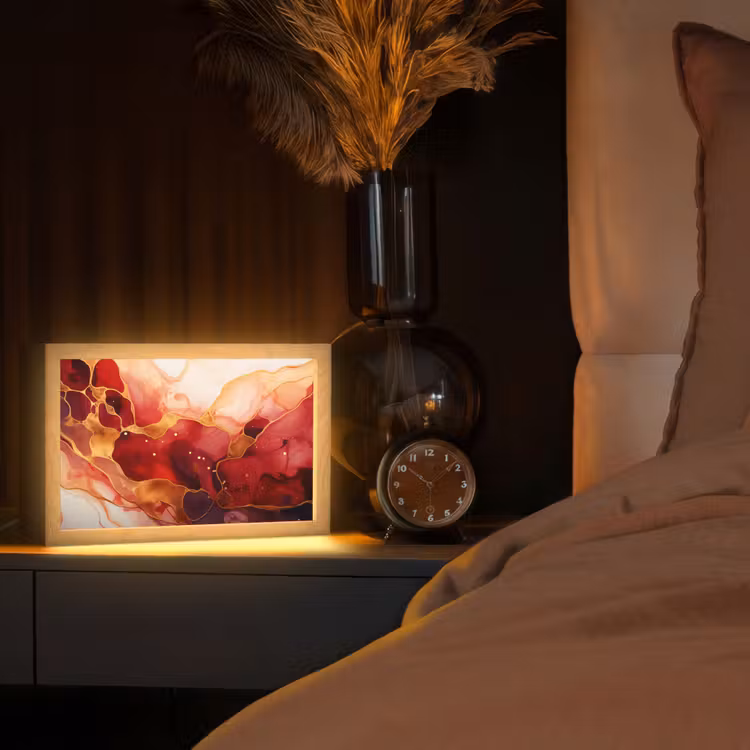 Marmer - Rood - Goud - Modern - Abstract Light Box met kabel (Tafellamp) klein -sfeer1