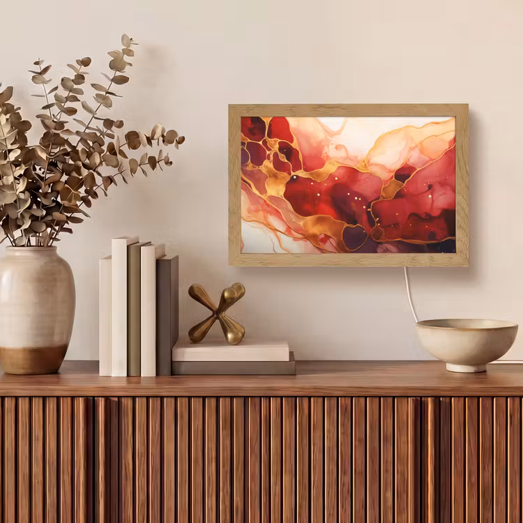 Marmer - Rood - Goud - Modern - Abstract Light Box met kabel (Tafellamp) klein -sfeer2
