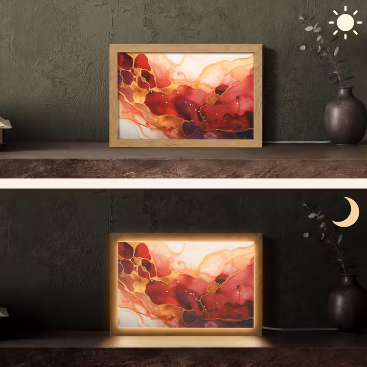 Marmer - Rood - Goud - Modern - Abstract Light Box met kabel (Tafellamp) klein -sfeer3