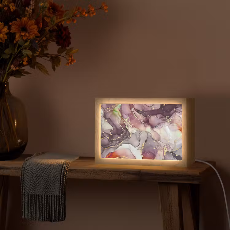 Marmer - Rood - Paars - Goud Light Box met kabel (Tafellamp) klein -sfeer4