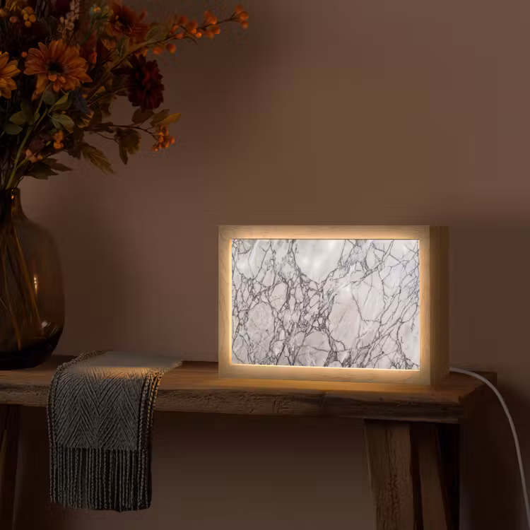Marmer - Aderen - Patroon - Wit - Grijs Light Box met kabel (Tafellamp) klein -sfeer4