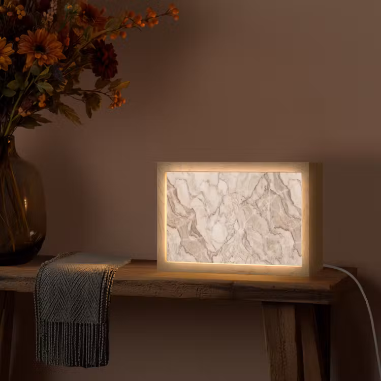 Marmer - Aderen - Textuur - Beige - Modern Light Box met kabel (Tafellamp) klein -sfeer4