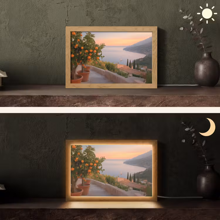 Middelandse zee - Sinaasappel - Heuvels - Zee Light Box met kabel (Tafellamp) klein -sfeer3