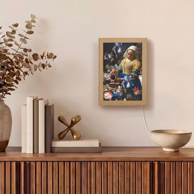 Melkmeisje - Johannes Vermeer - Bloemen Light Box met kabel (Tafellamp) klein -sfeer2