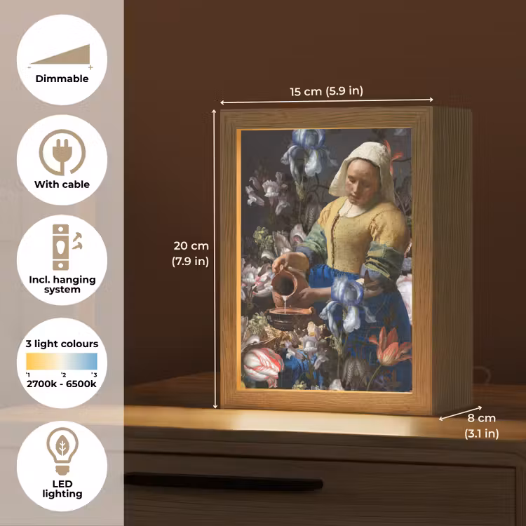 Melkmeisje - Johannes Vermeer - Bloemen Light Box met kabel (Tafellamp) klein -USP_EN
