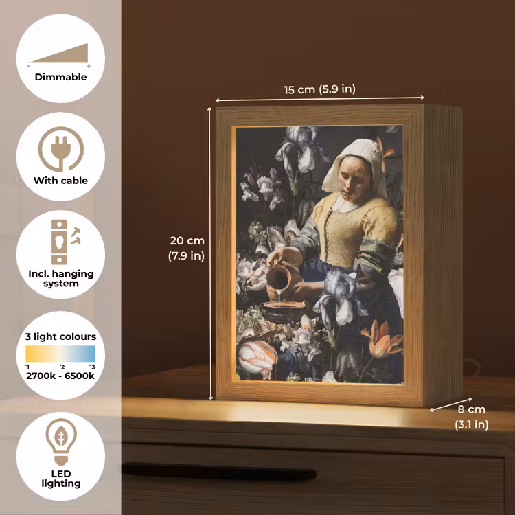 Melkmeisje - Johannes Vermeer - Bloemen - Blauw Light Box met kabel (Tafellamp) klein -USP_EN