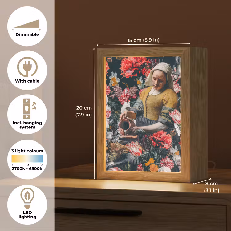 Melkmeisje - Johannes Vermeer - Bloemen - Roze Light Box met kabel (Tafellamp) klein -USP_EN