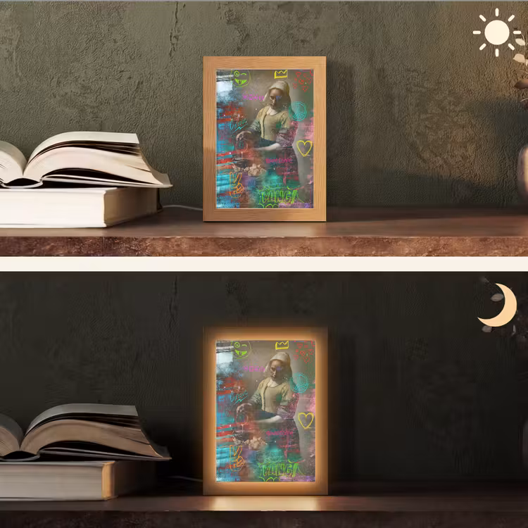 Melkmeisje - Johannes Vermeer - Graffiti Light Box met kabel (Tafellamp) klein -sfeer3