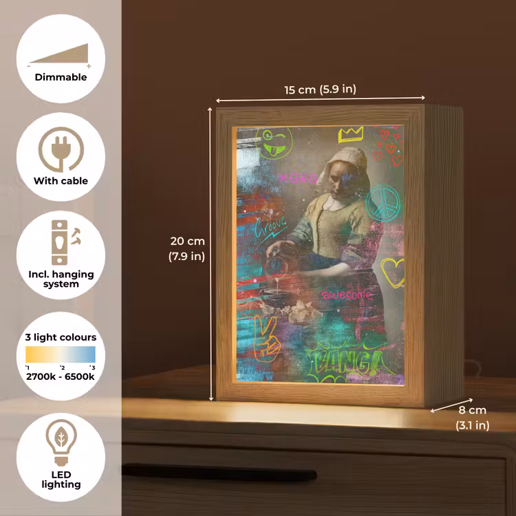 Melkmeisje - Johannes Vermeer - Graffiti Light Box met kabel (Tafellamp) klein -USP_EN